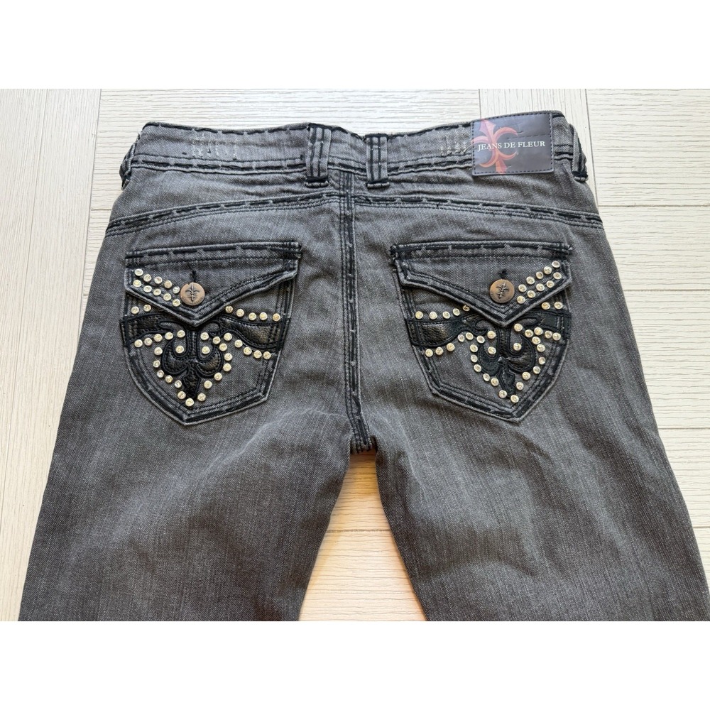 Jeans De Fleur Womens 7 Black Denim Embellished Mid Rise Bootcut Jeans Retro